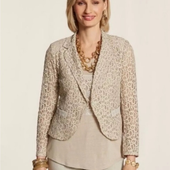 Chico's Size‎ 3 Cream Cropped Blazer Lace Sequin Jacket Formal Chicos Size XL - Picture 1 of 15